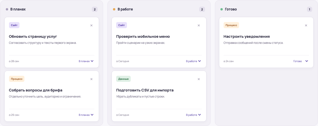 Рабочая доска проекта FOCUS